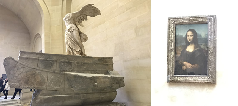 Two of the more famous pieces of art at Louvre - Mona Lisa and The Winged Victory of Samothrace