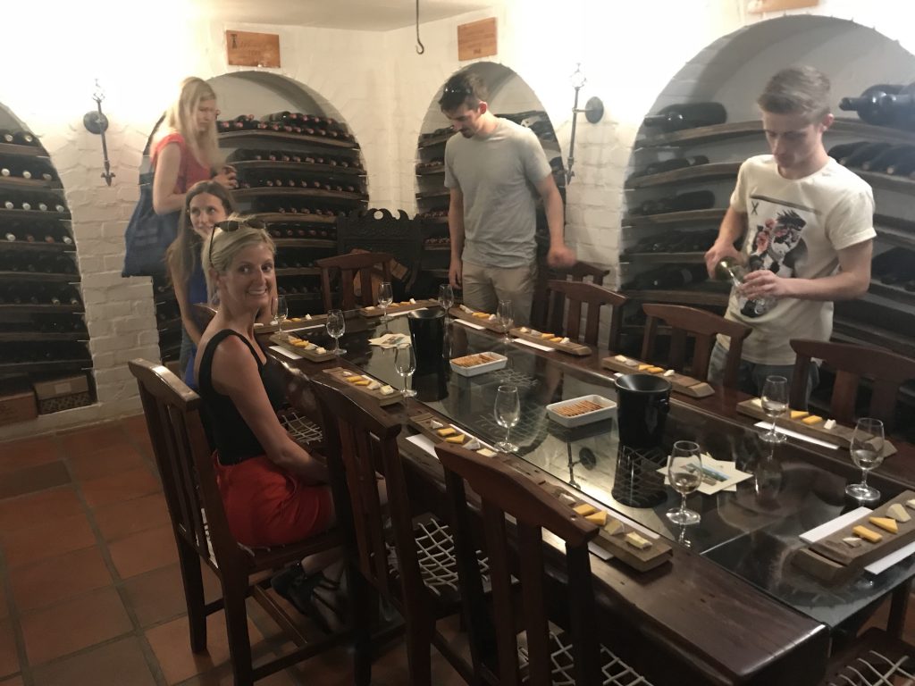 Wine and cheese in the luxurious cellar at Mitre’s Edge Boutique Winery