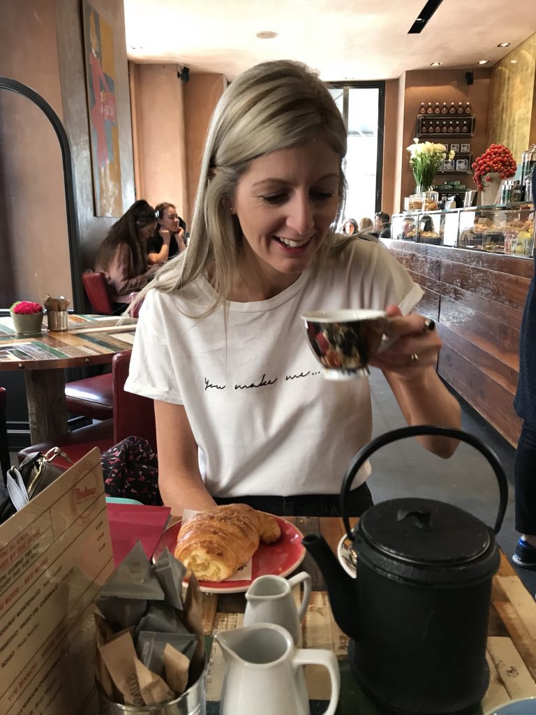 Laura drinking from a stylish tea cup at Pandenus Tadino. The tea pot was like a lead weight! 